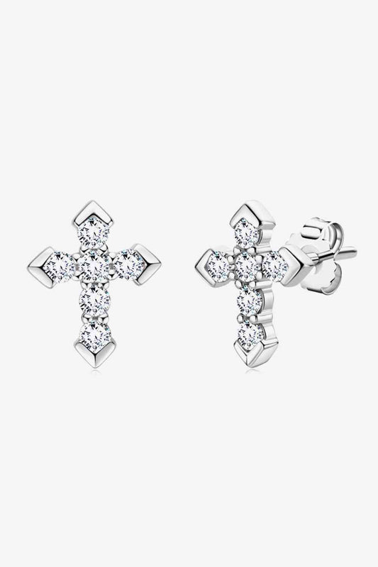 Moissanite Elegance Cross Stud Earrings – Minimalist Design in Platinum-Plated Silver See size chart under “more details”