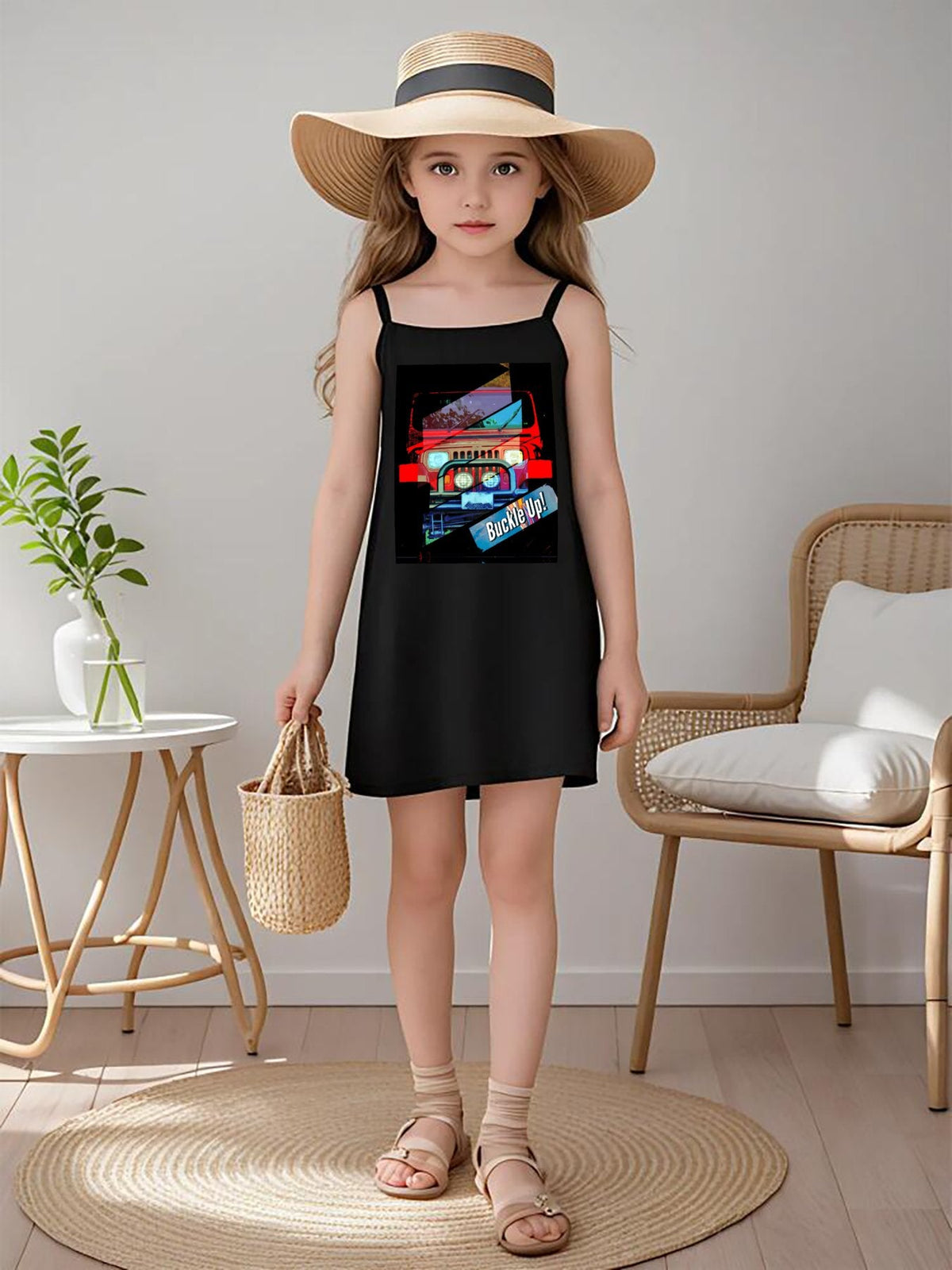 Girl's Buckle Up! 4-wheel Drive Short Black Dress with Spaghetti Straps