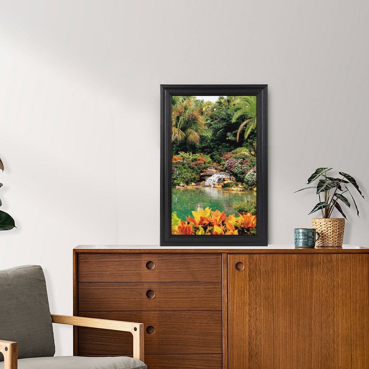 Serene Tropical Garden and Waterfall European Style Framed Art Print  - 16" × 24"