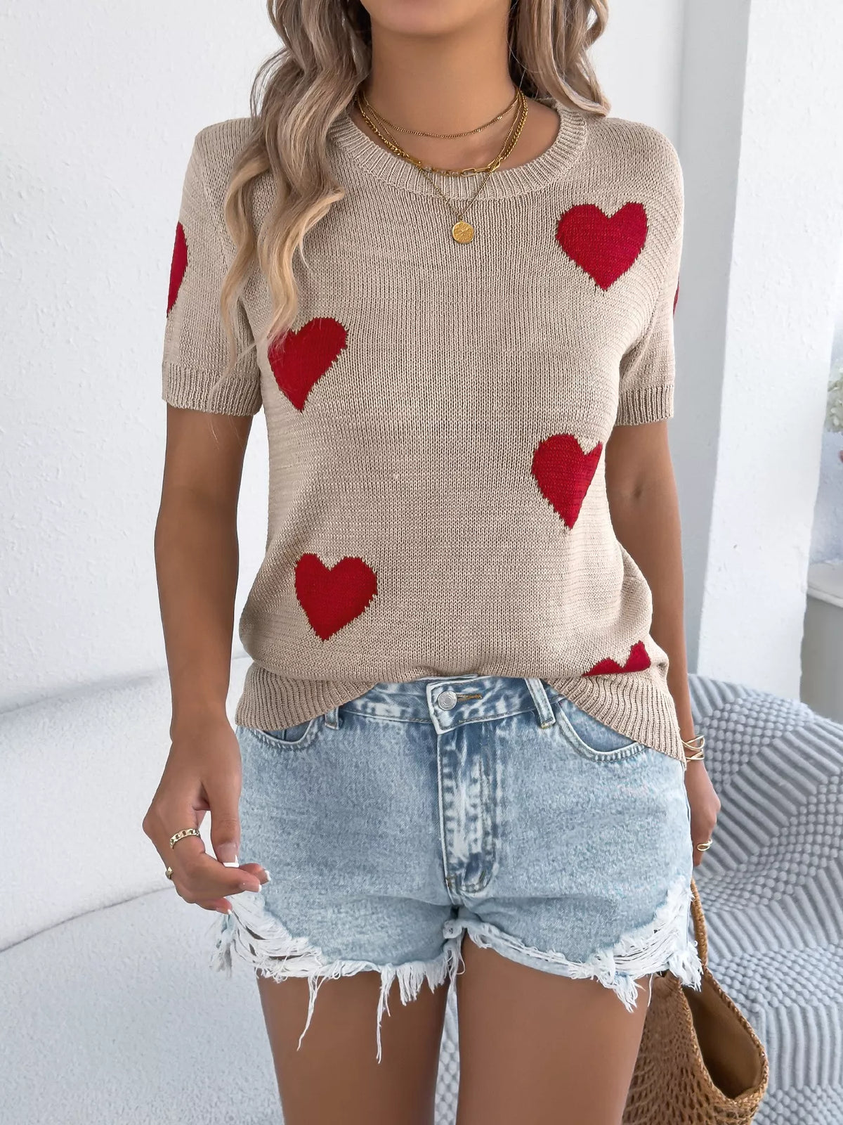 Heart Pattern Round Neck Short Sleeve Sweater