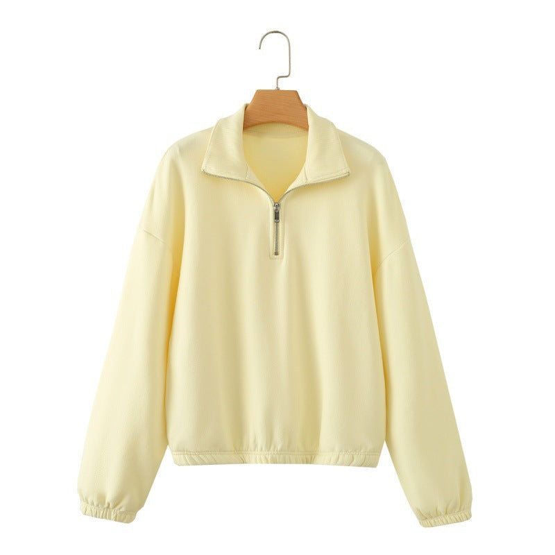 Long-sleeve Stand-collar Sweatshirt With Metal Zipper Available In Multiple Colors