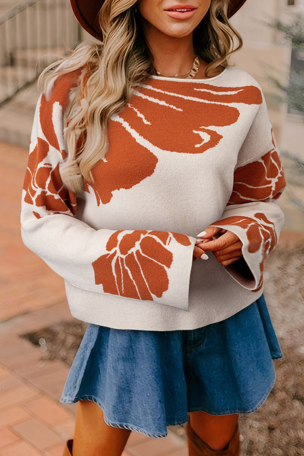 Suéter Oversize con Mangas Anchas y Estampado Floral Atrevido en Verde