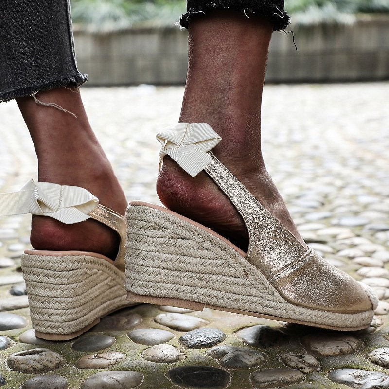 Women's Platform Wedge Sandals with Bow Detail