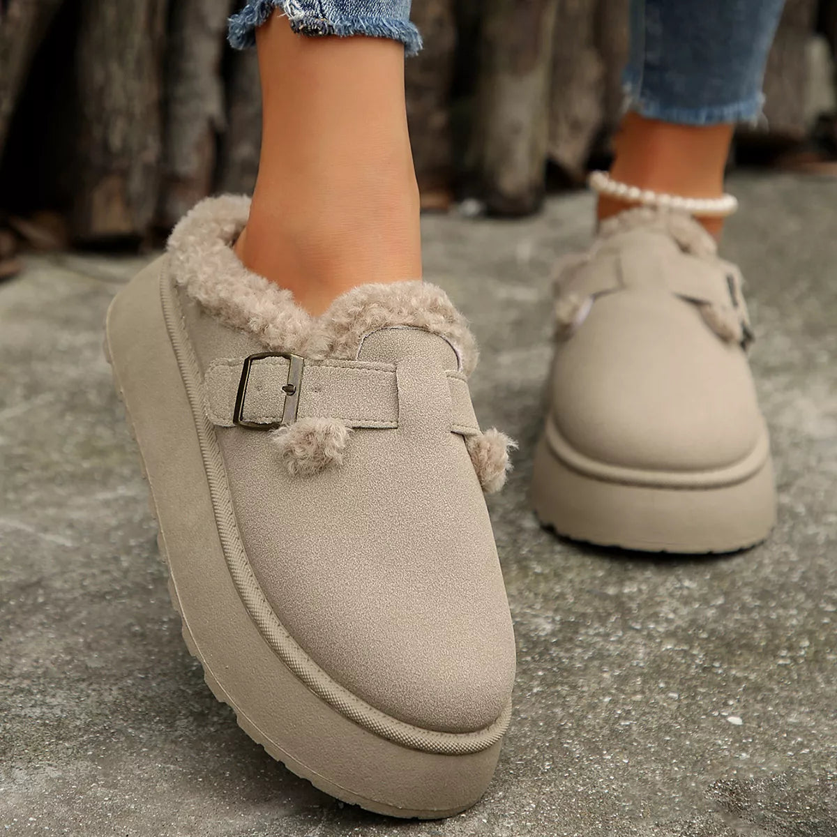 Fuzzy Trim Buckle Platform Slippers