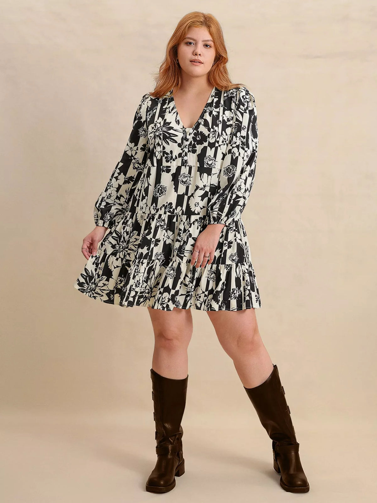 Plus Size Printed V-Neck Long Sleeve Mini Dress