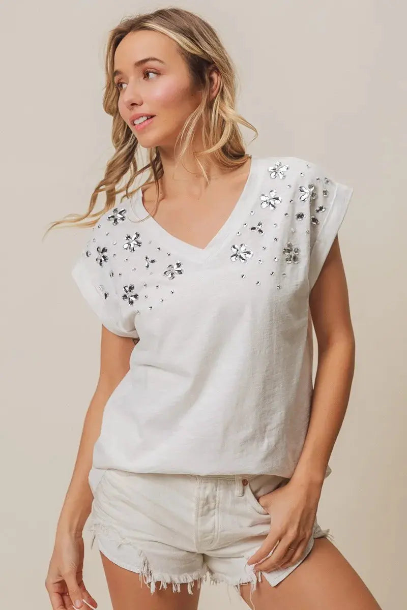 Women's Tops Women's Top - Slub Rhinestone V-Neck - Comfy Fit