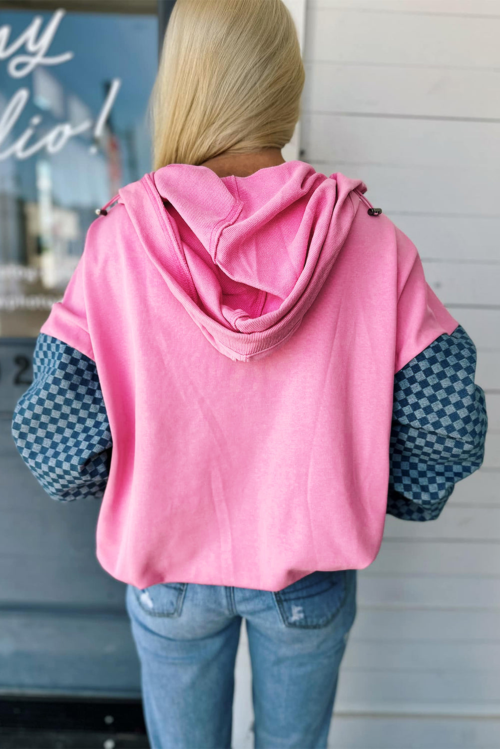 Sudadera con capucha con media cremallera y bolsillo canguro, con diseño a cuadros y retazos, Bonbon