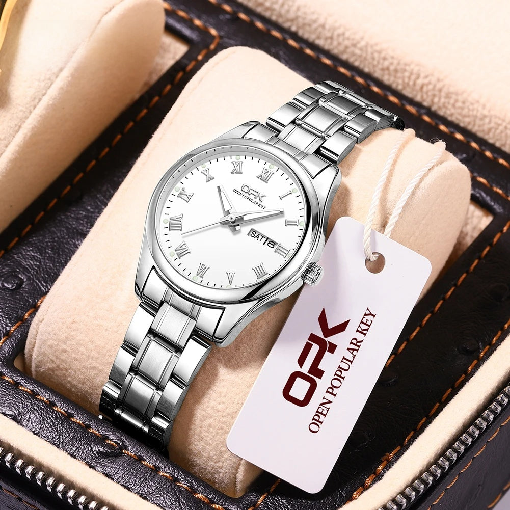 Women's 28mm Roman Numeral Day-Date Quartz Watch, Steel Bracelet