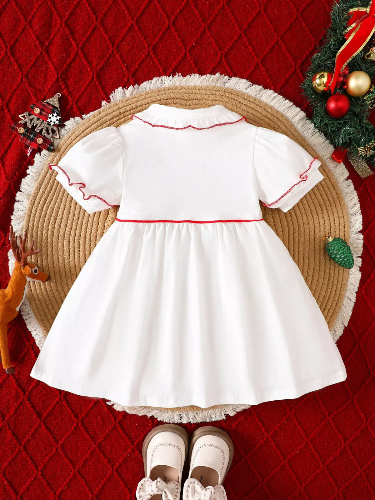 Children's Christmas Tree Embroidered Ruffle Trim Dress