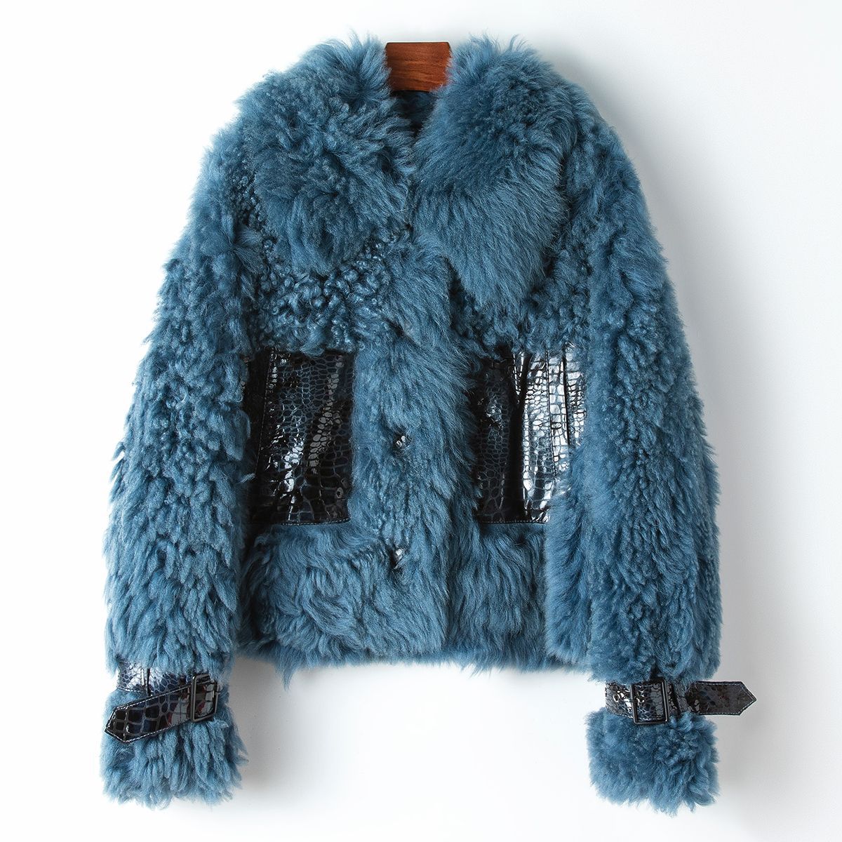 Cotton Jacket with Teddy Fur Collar in Denim Blue