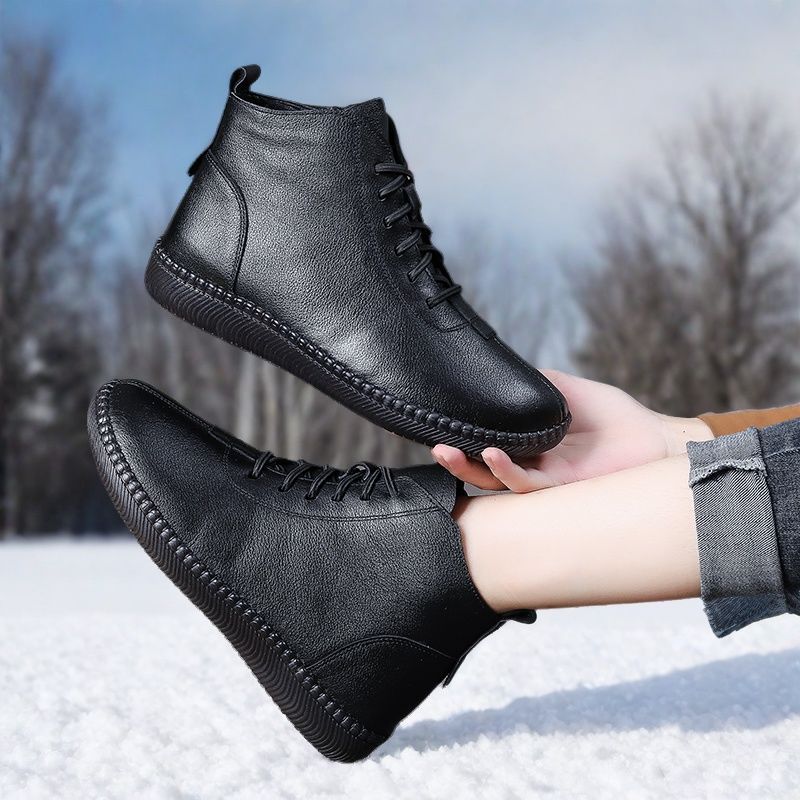 Botines planos de cuero genuino de suela blanda para mujer