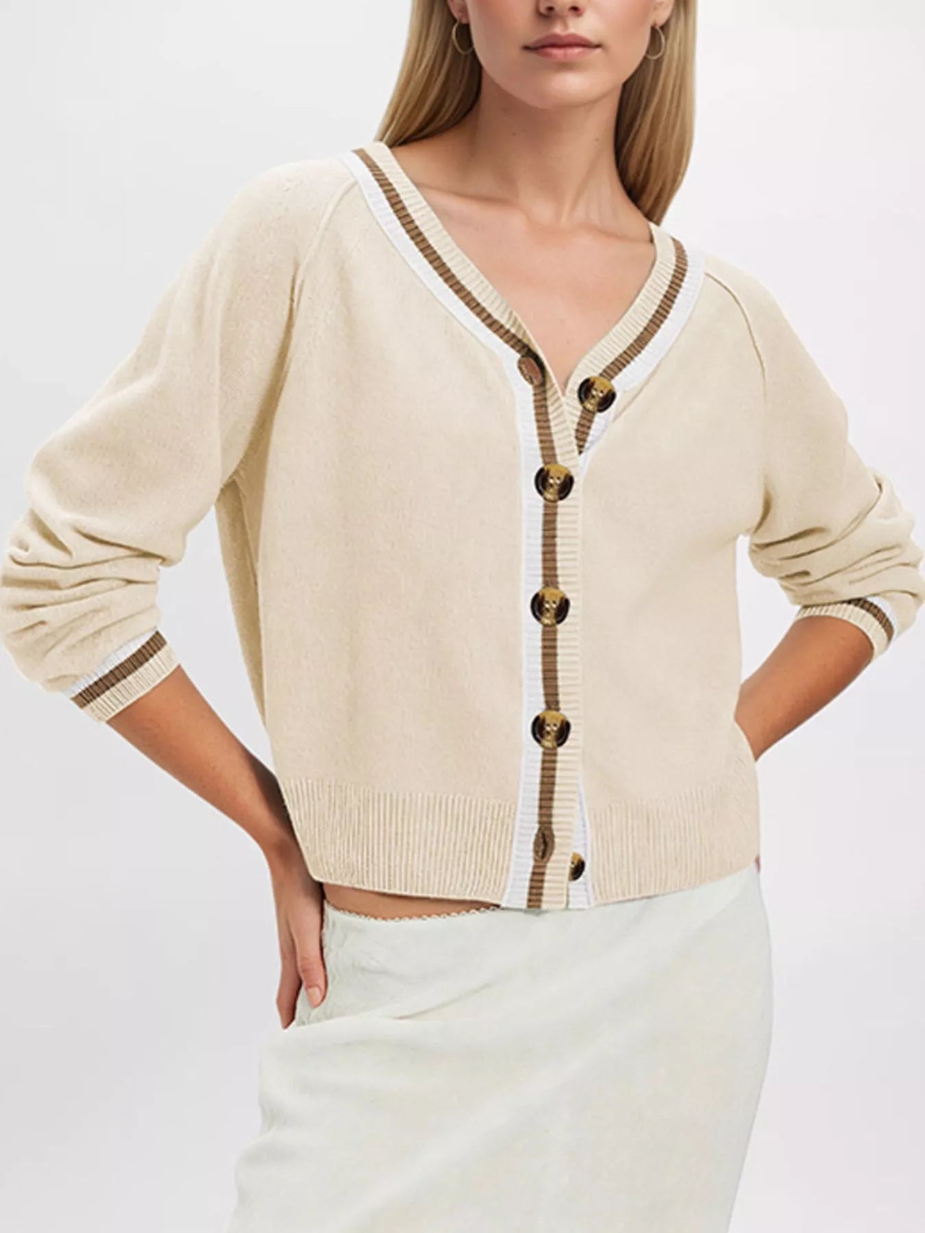 Striped Trim Button-Down Cardigan