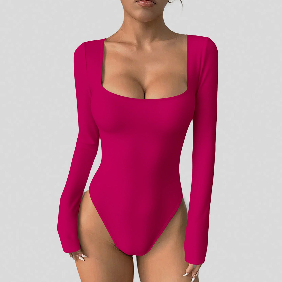 Women Square Neck Long Sleeve One-Piece Yoga Bodysuit Stretchy Tight Integrated Jumpsuit Fitness Workout Outfit