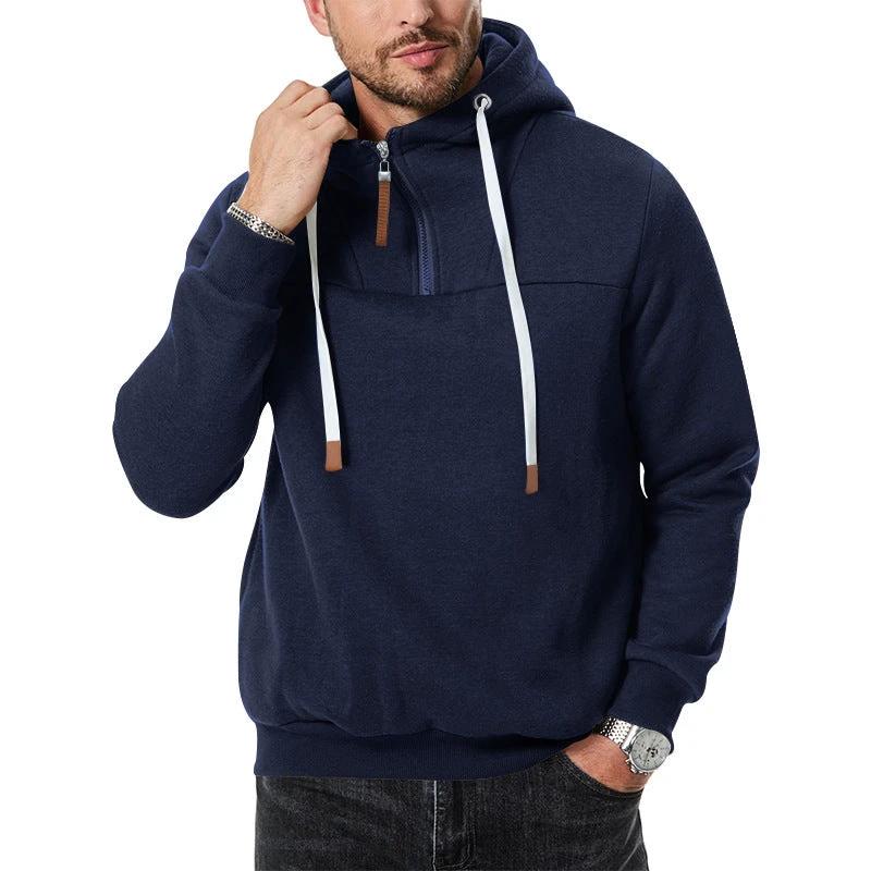 Men's Heavy Fleece-lined Half-zip Sporty Casual Hooded Sweatshirt
