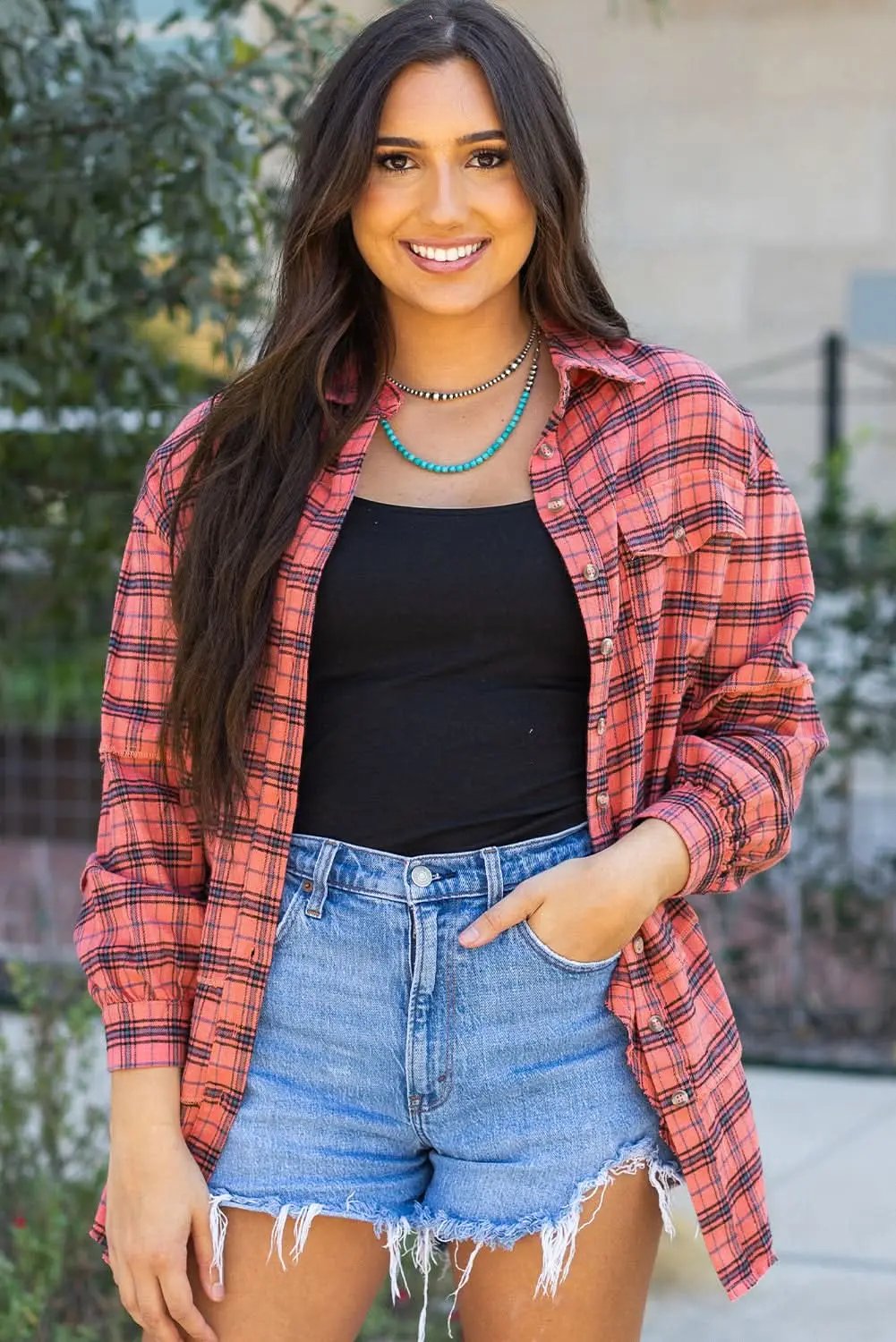 Love Salve Red Plaid Western Shirt — Distressed Cotton Top