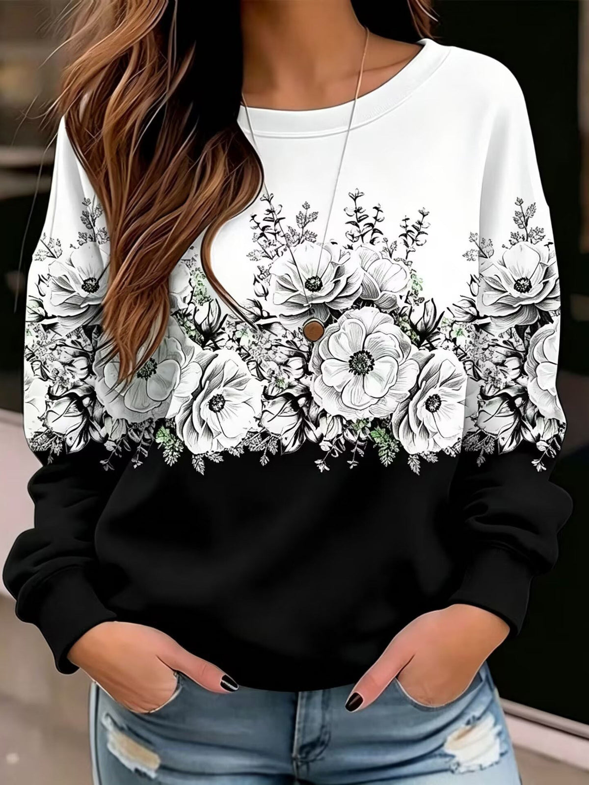 Women's Round-neck Floral Print Sweatshirt, Loose Fit, Dropped Shoulders, Long Sleeves, Casual Pullover Top, Patchwork Design With Contrasting Colors