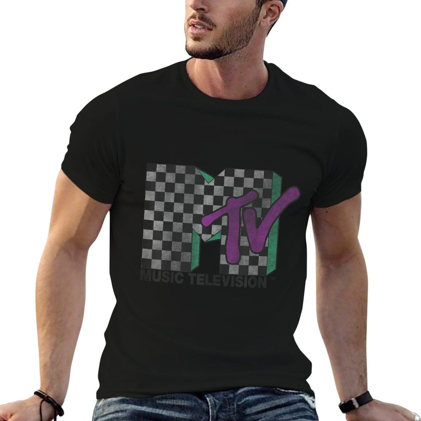 MTV Checkered Distressed Retro Logo Eco-friendly Material T-Shirt