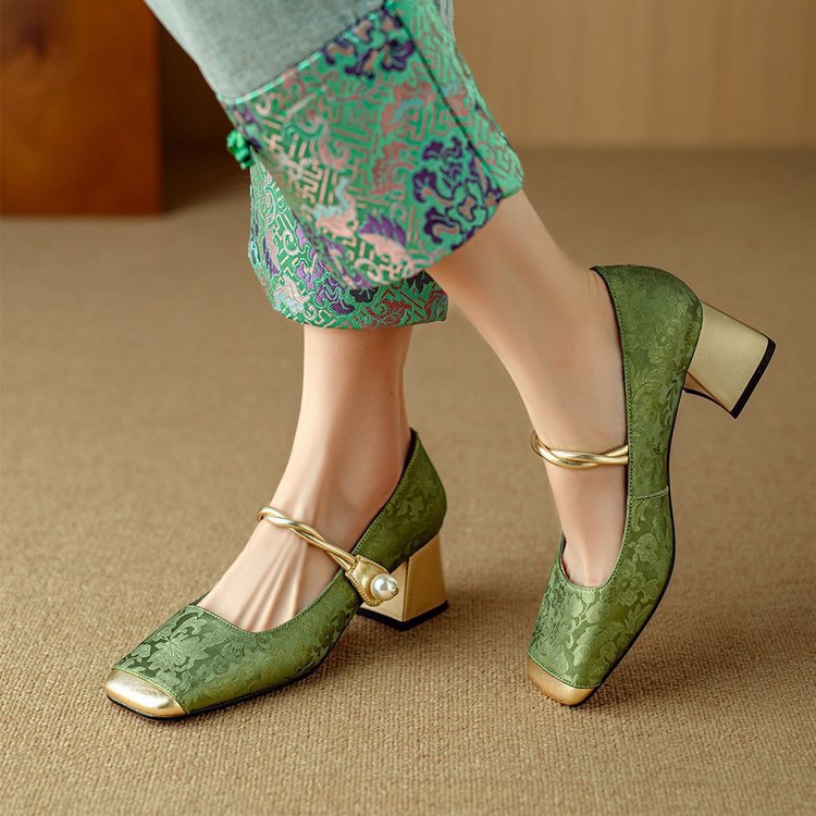 Embossed Silk Kitten Heels with Pearl Strap