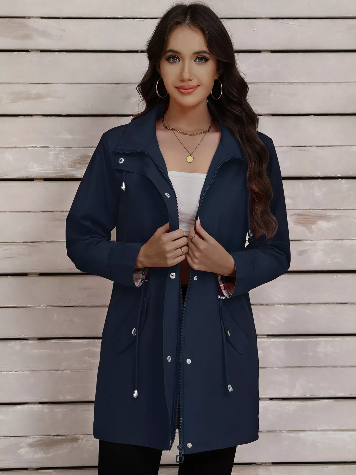 Drawstring Snap-Down Trench Coat
