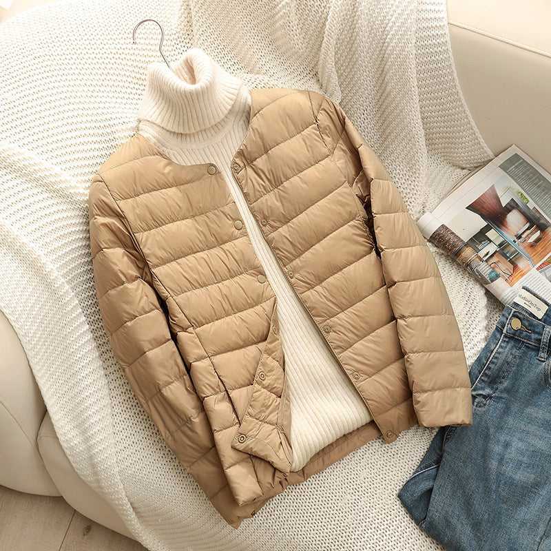 Round-neck Long-sleeved White Down Jacket In Large Size