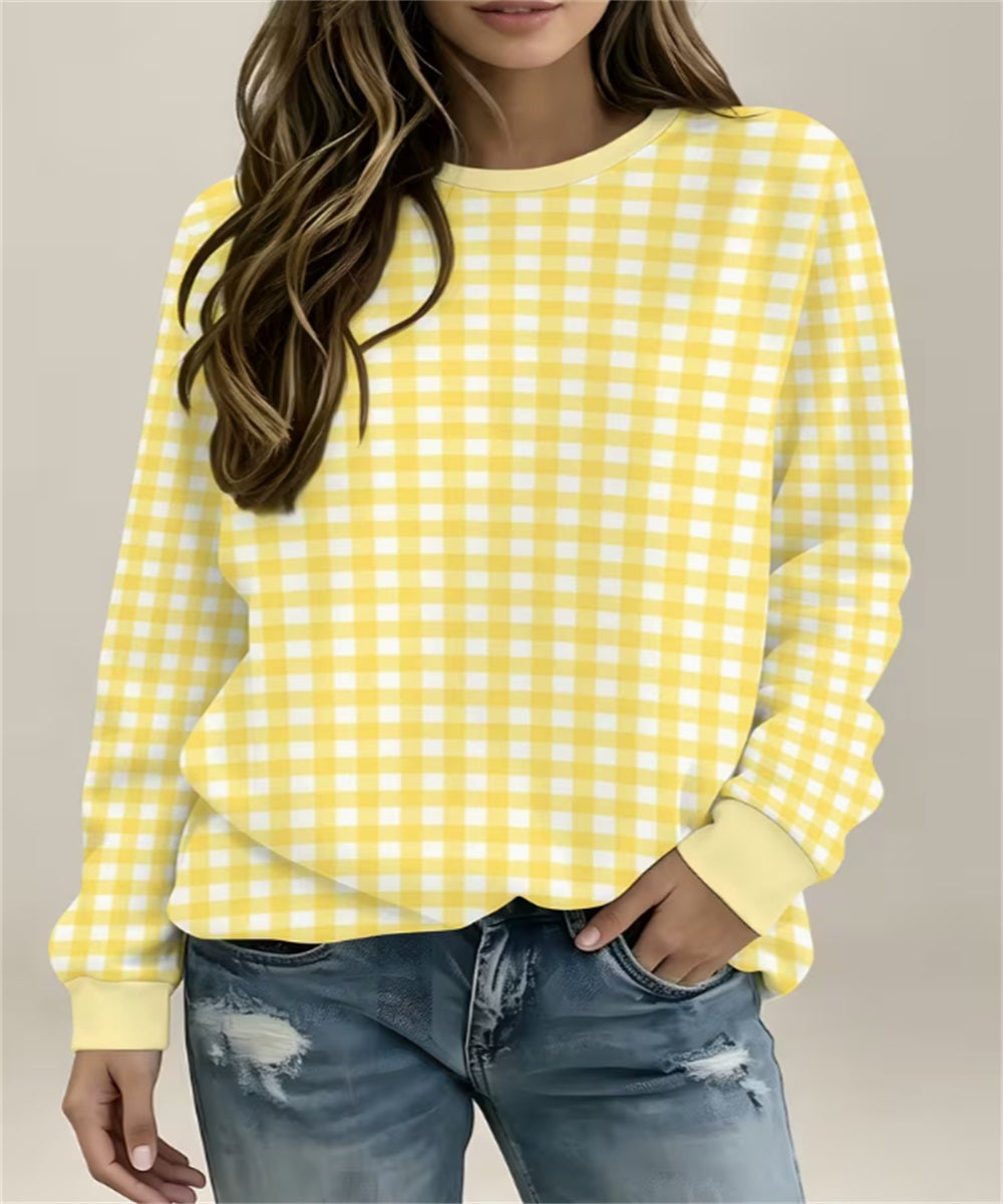 Women's Yellow White Gingham Print Crew Neck Sweatshirt, Long Sleeve Casual Pullover Top
