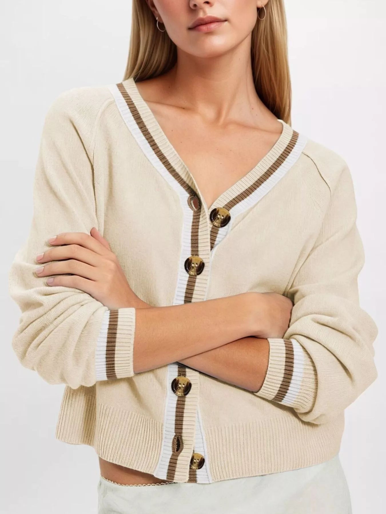 Striped Trim Button-Down Cardigan