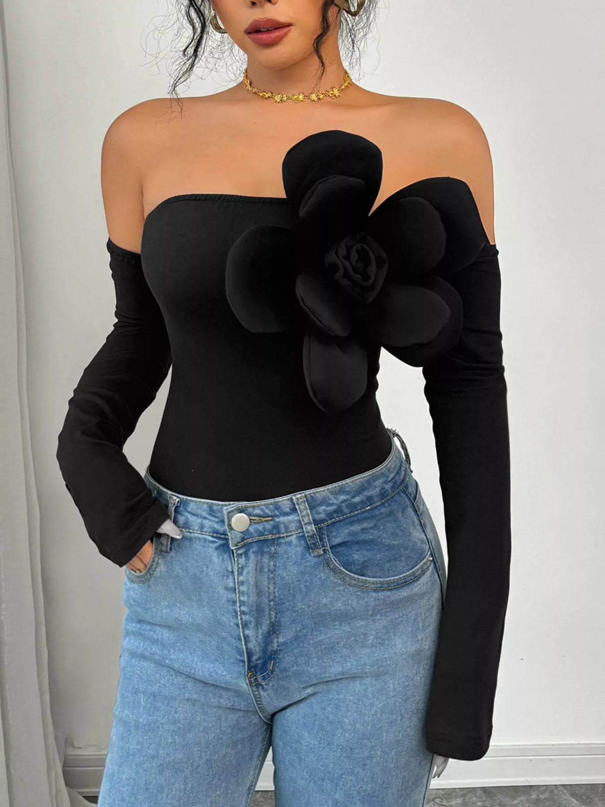 Flower Off-Shoulder Long Sleeve Bodysuit