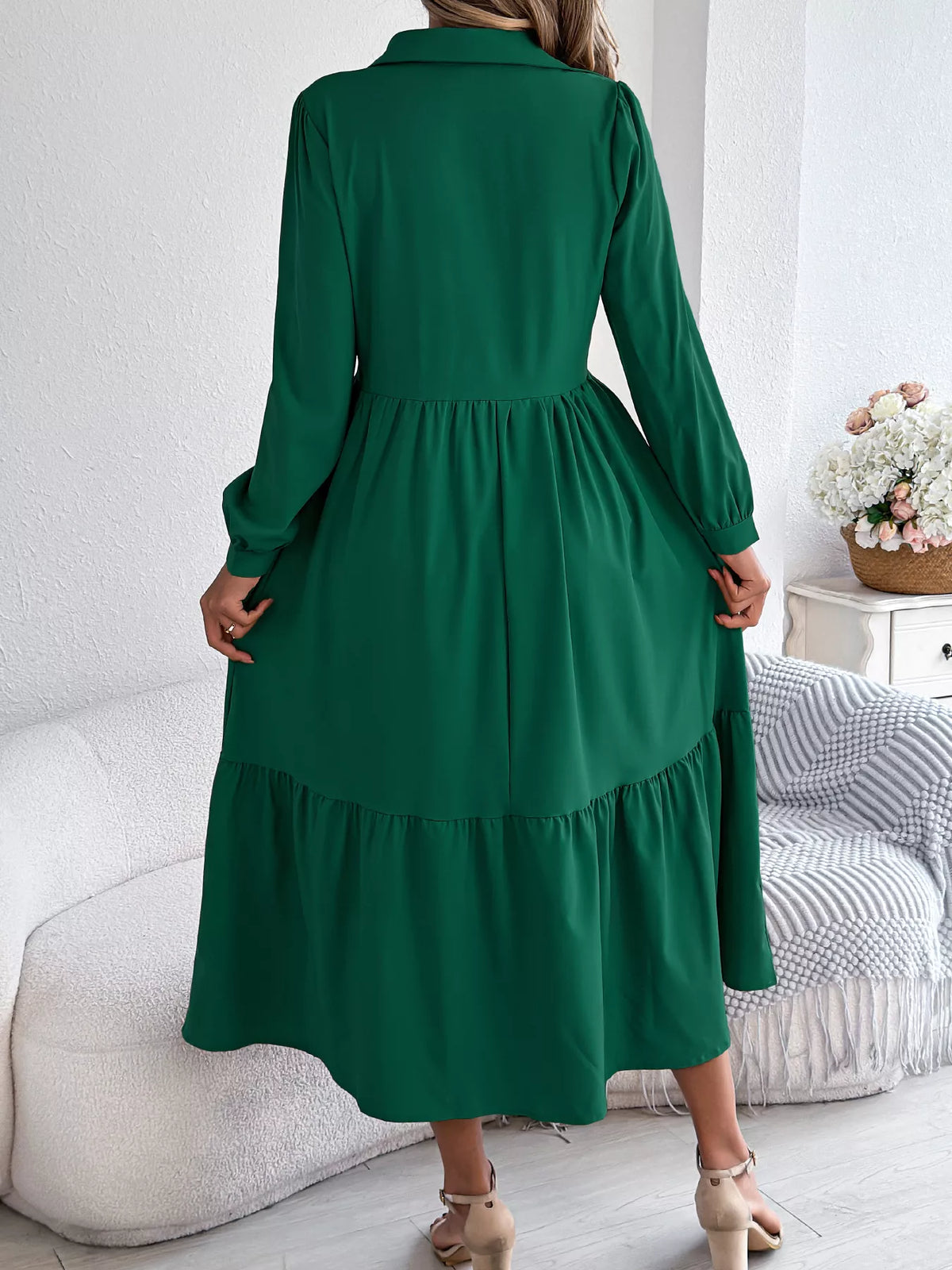 Long Sleeve Tiered Button Front Midi Dress