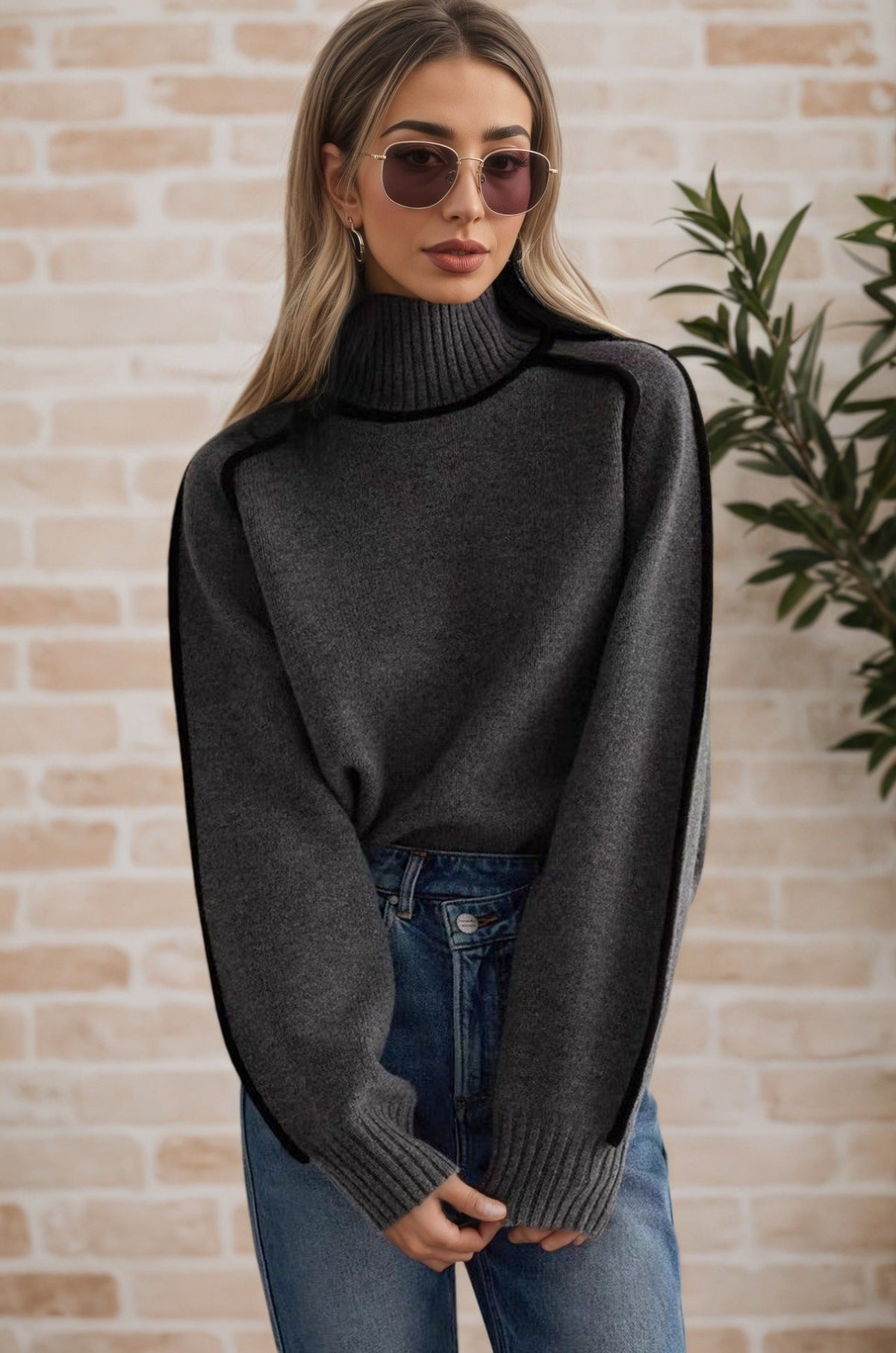 Women's Turtleneck Contrast Trim Sweater, 2026 Fall Winter Loose Long Sleeve Pullover, Casual Lazy Style Knit Top