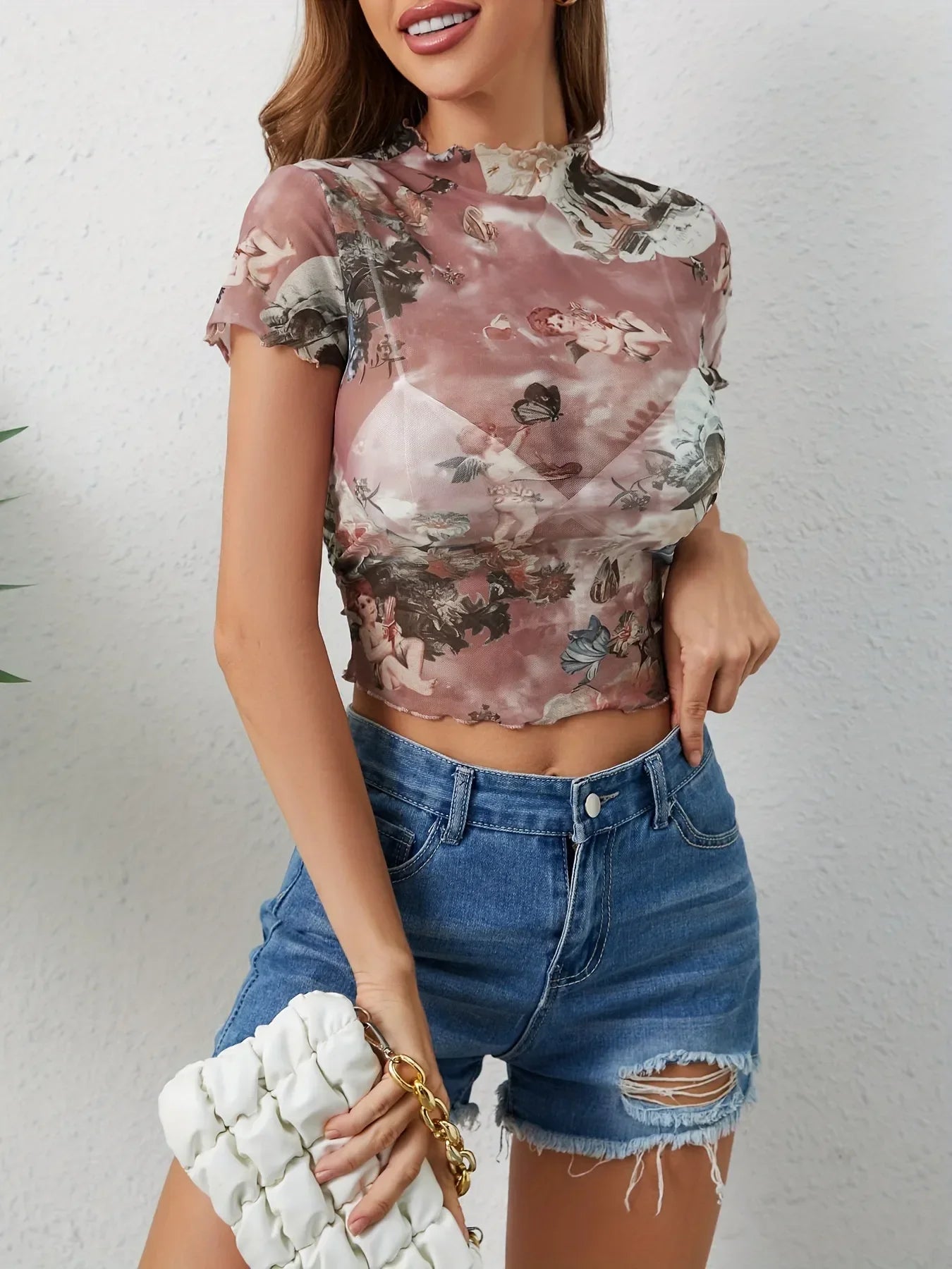 Abstract Print Ruffled Mock Neck Crop T-Shirt | Trendy Streetwear – Bona Fide Fashion