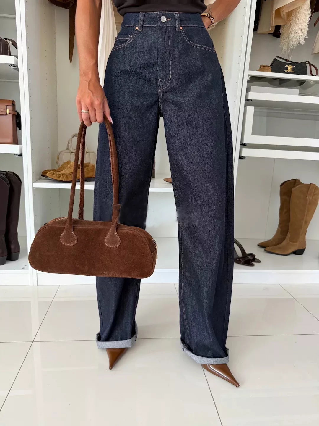 High-Waisted Wide-Leg Washed Jeans