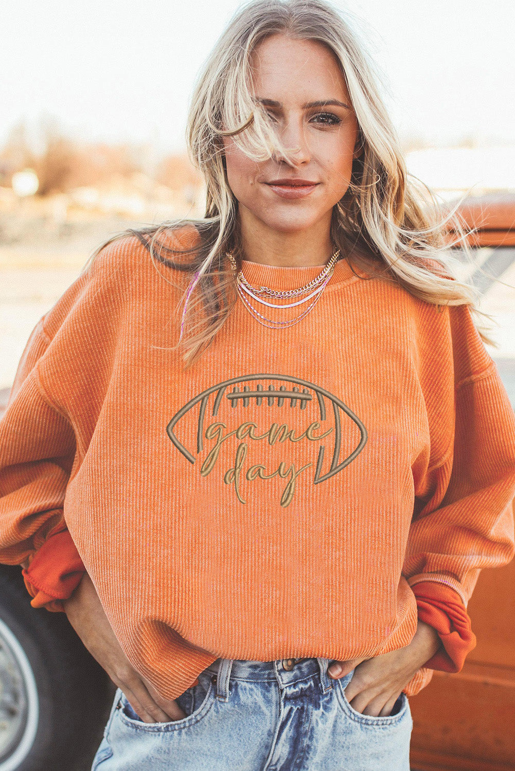 Sudadera de pana bordada "Día de partido de rugby" naranja