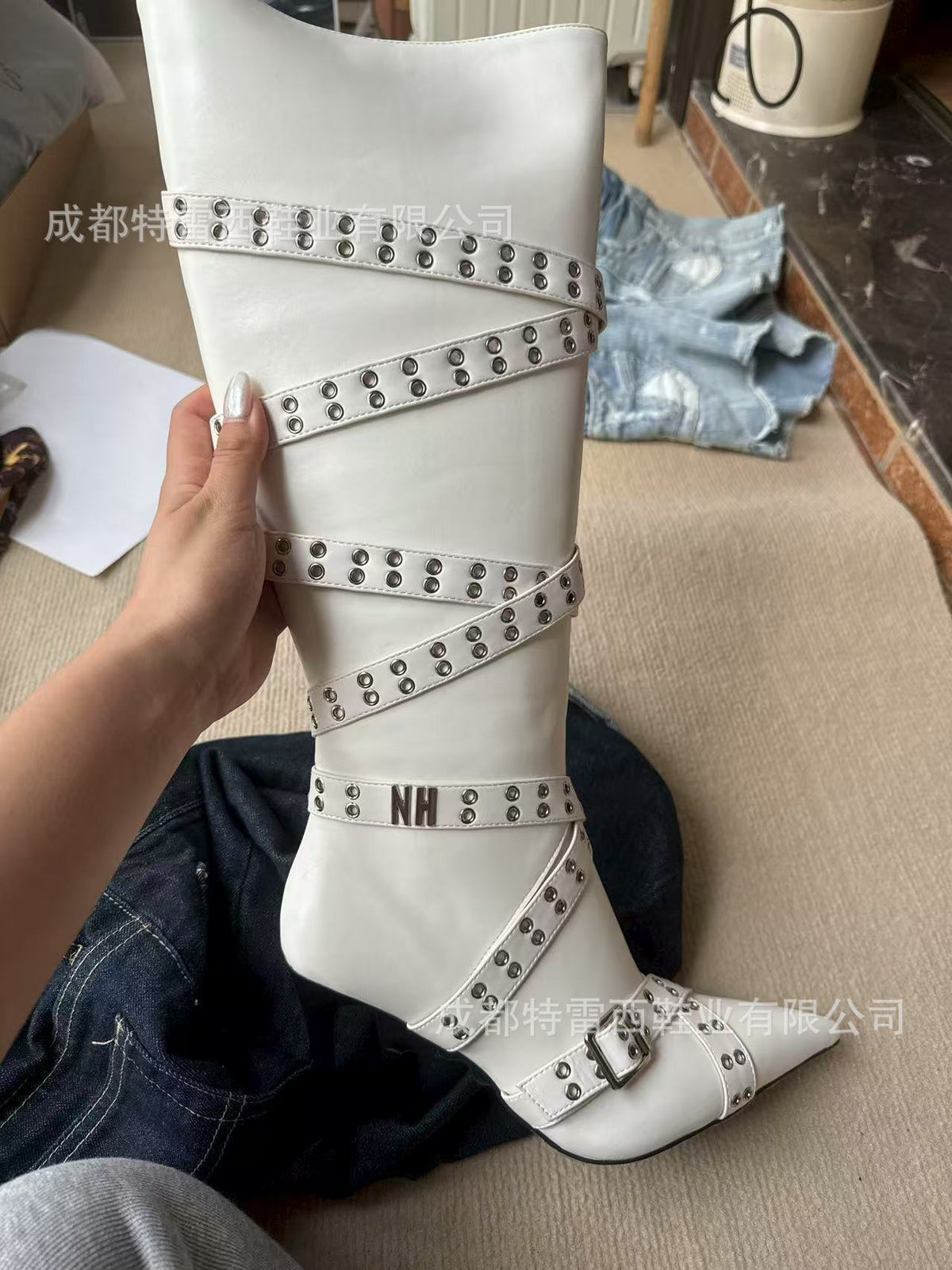 Strap-detail Pointed-toe Studded High-heeled Over-the-knee Boots For Women
