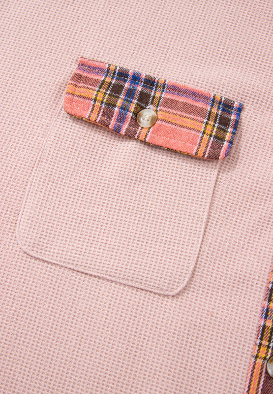 Chaqueta tipo camisa con capucha y cordón, patchwork de cuadros y tejido de gofre