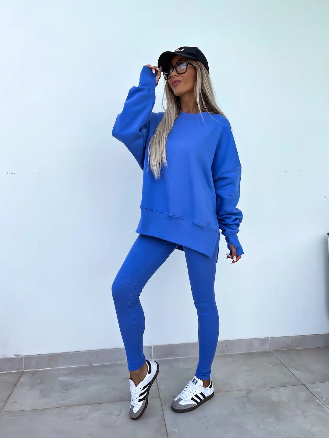Traje de suéter informal para mujer – Conjunto de top suelto con aberturas y pantalones ajustados