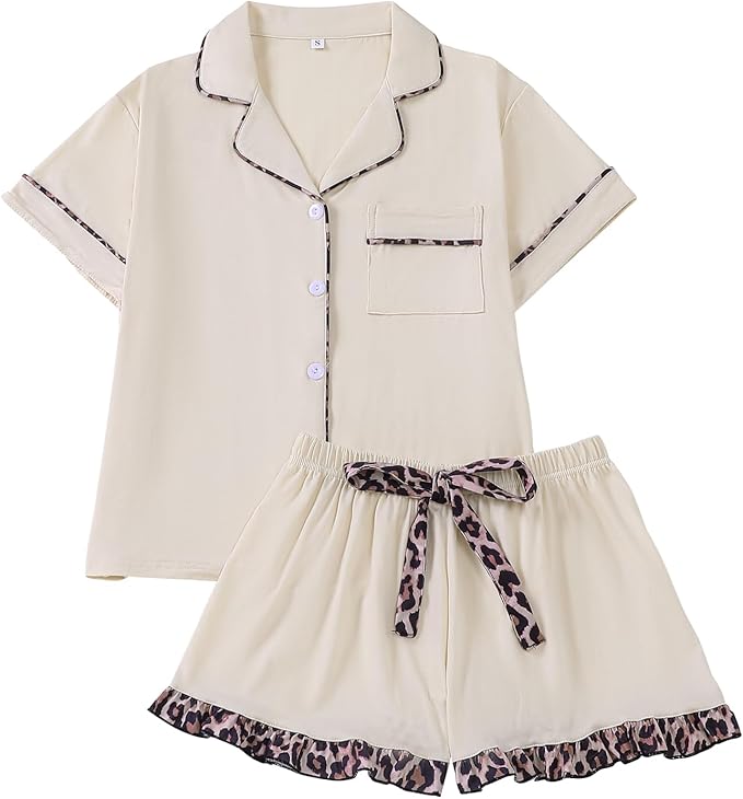 Women's Shorts and Button Down Leopard Top 2-piece Summer Pajamas