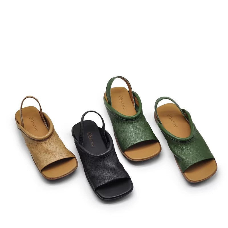 Women's Soft-leather Square-toe Flat Sandals