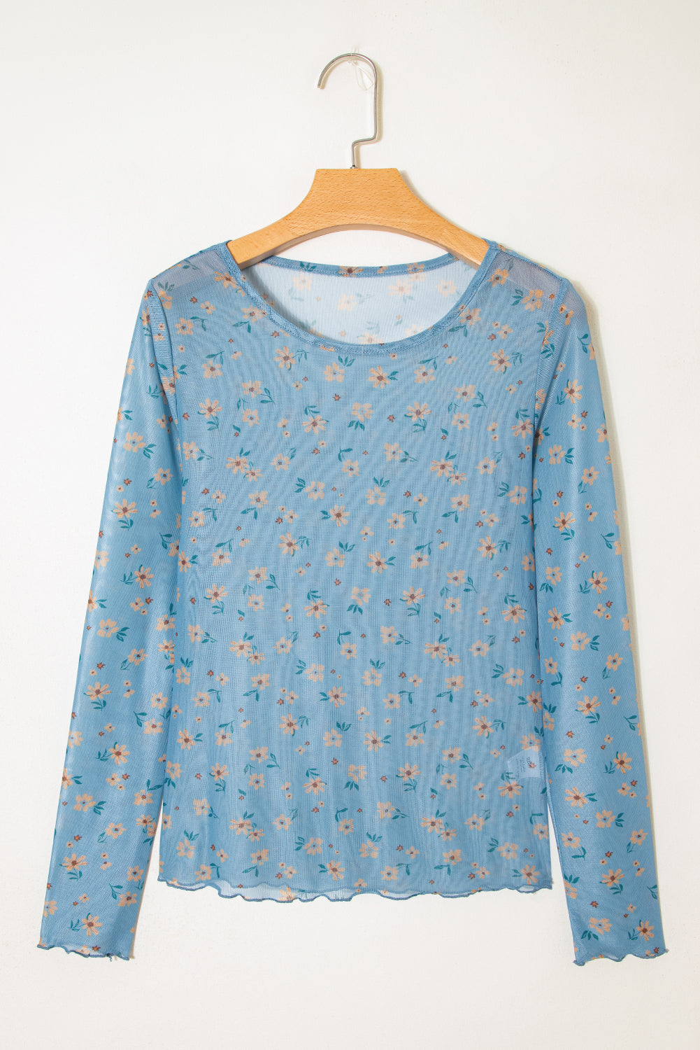 Top de manga larga de malla estilo sureño con estampado floral vintage azul cielo