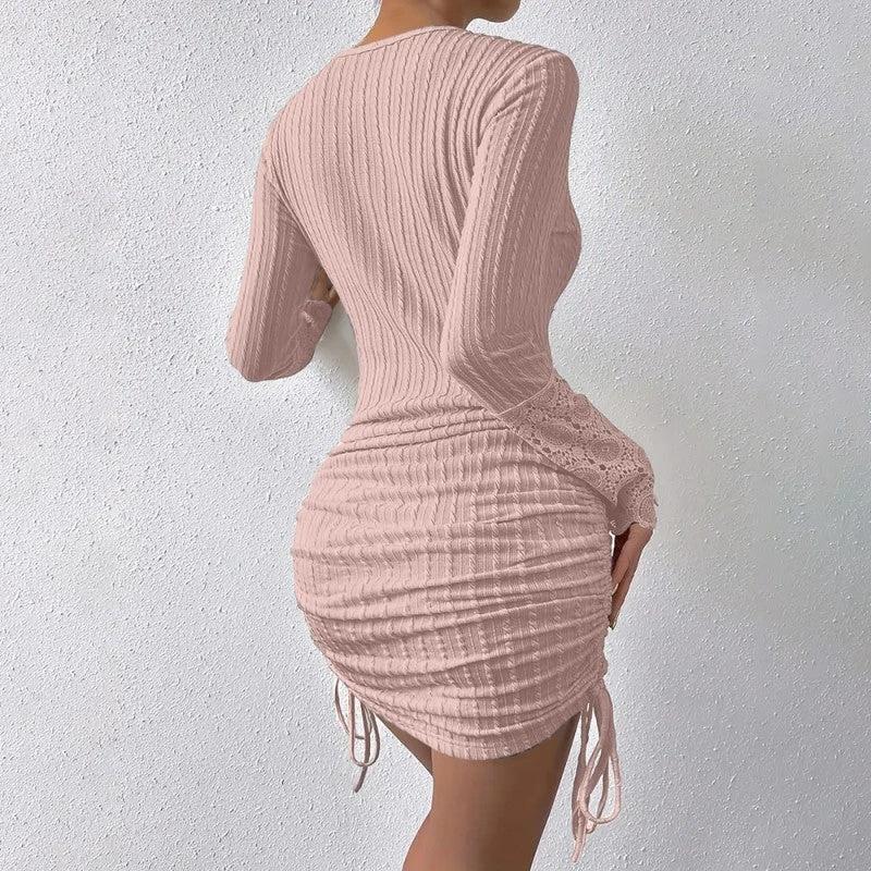 Women's Elegant Bodycon Dress - Round Neck With Button Detail, Solid Color Long Sleeve Lace Cuff & Drawstring Hem Holiday Dress