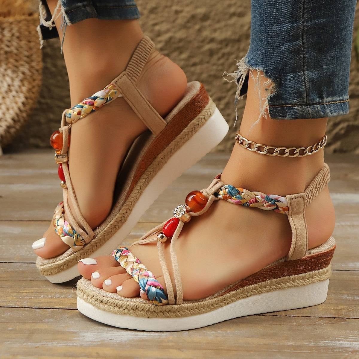 Women's Rhinestone Beaded Wedge Sandals