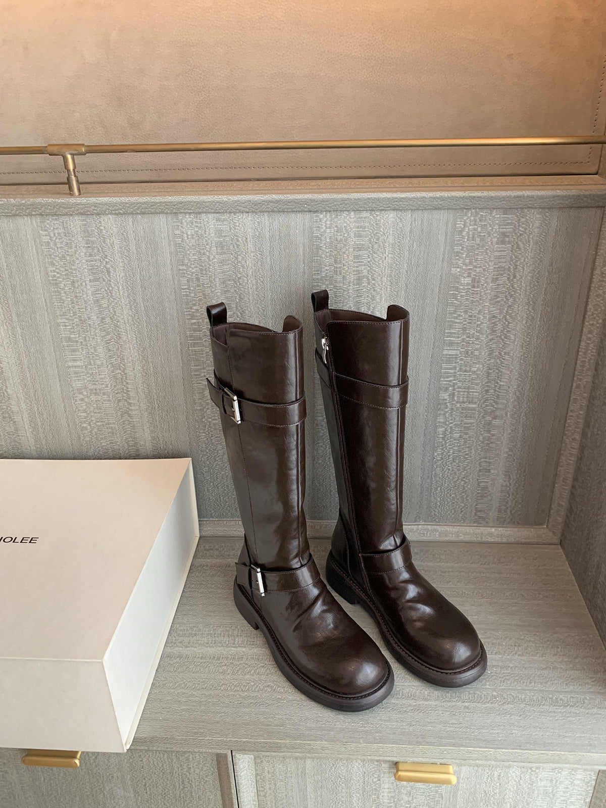 Womens Chunky-soled Equestrian Boots With Double Buckles And A Side Zipper
