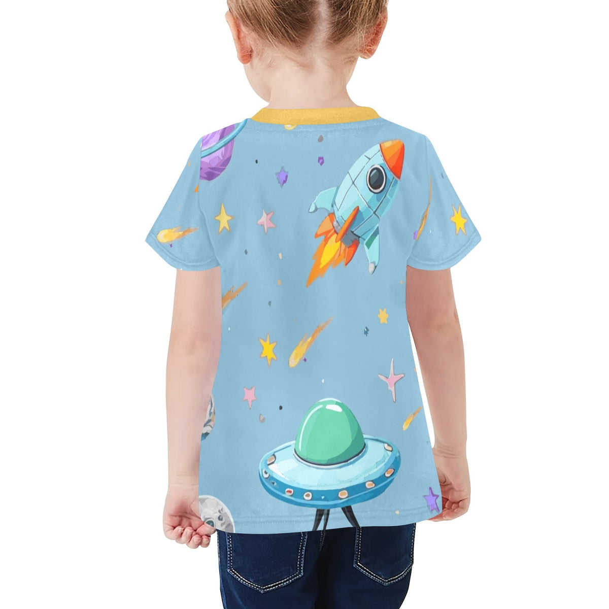 Space Illustration With Rocket Little Kids' All Over Print T-Shirt (Made in USA)