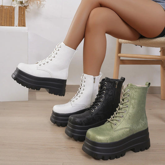 Botas Martin retro de plataforma de tres capas para mujer con punta redonda y diseño de retales