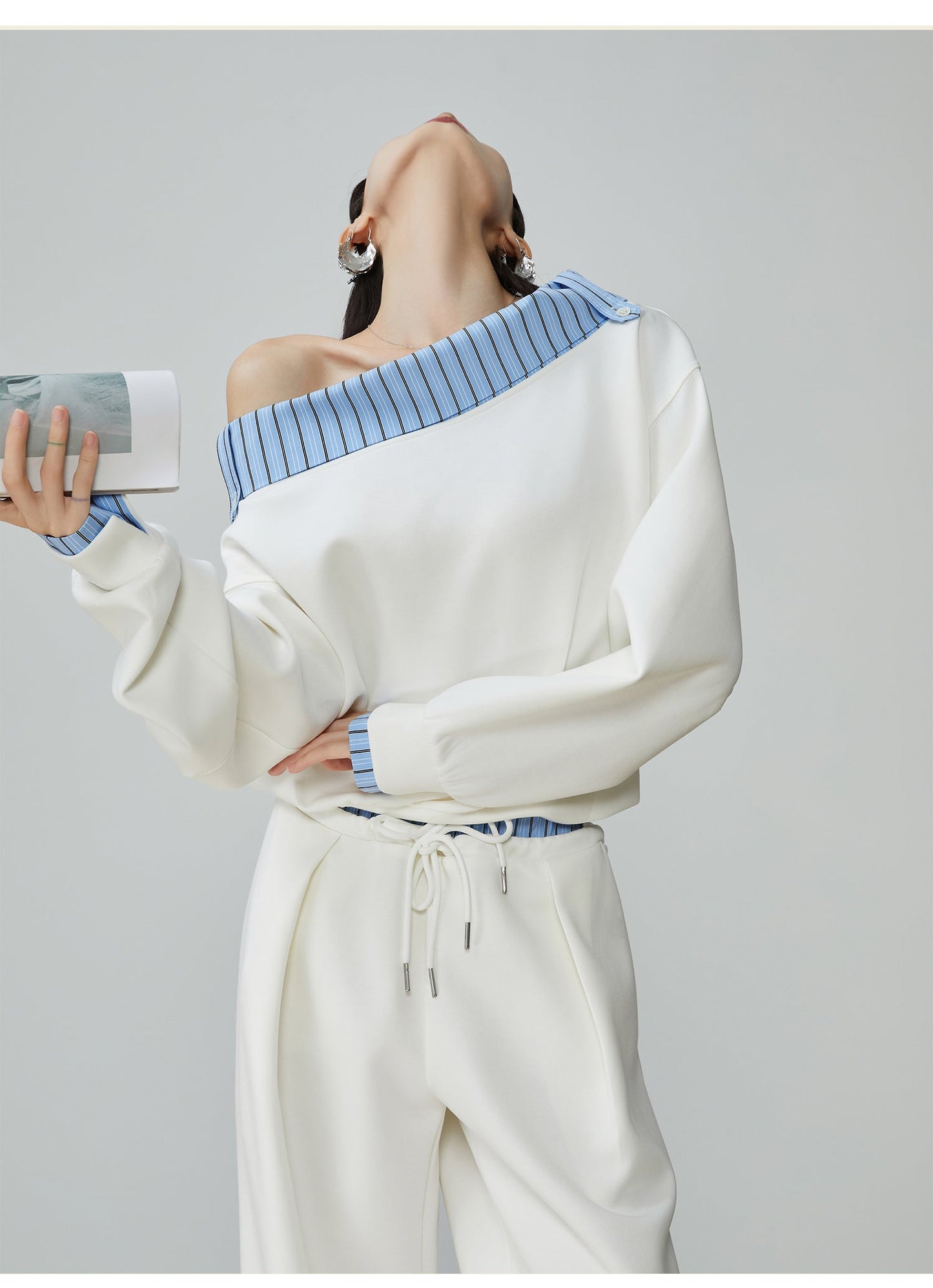 Two Piece Set Of Blue And White Striped Collared Sloping Shoulder Hoodie And Wide Leg Pants See size chart under “more details”