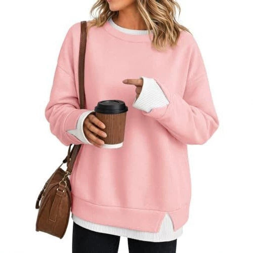 2026 Autumn New European And American Cross-Border Women's Top, Fashionable And Versatile, Loose Casual Style, Faux Two-Piece Long-Sleeve Sweatshirt