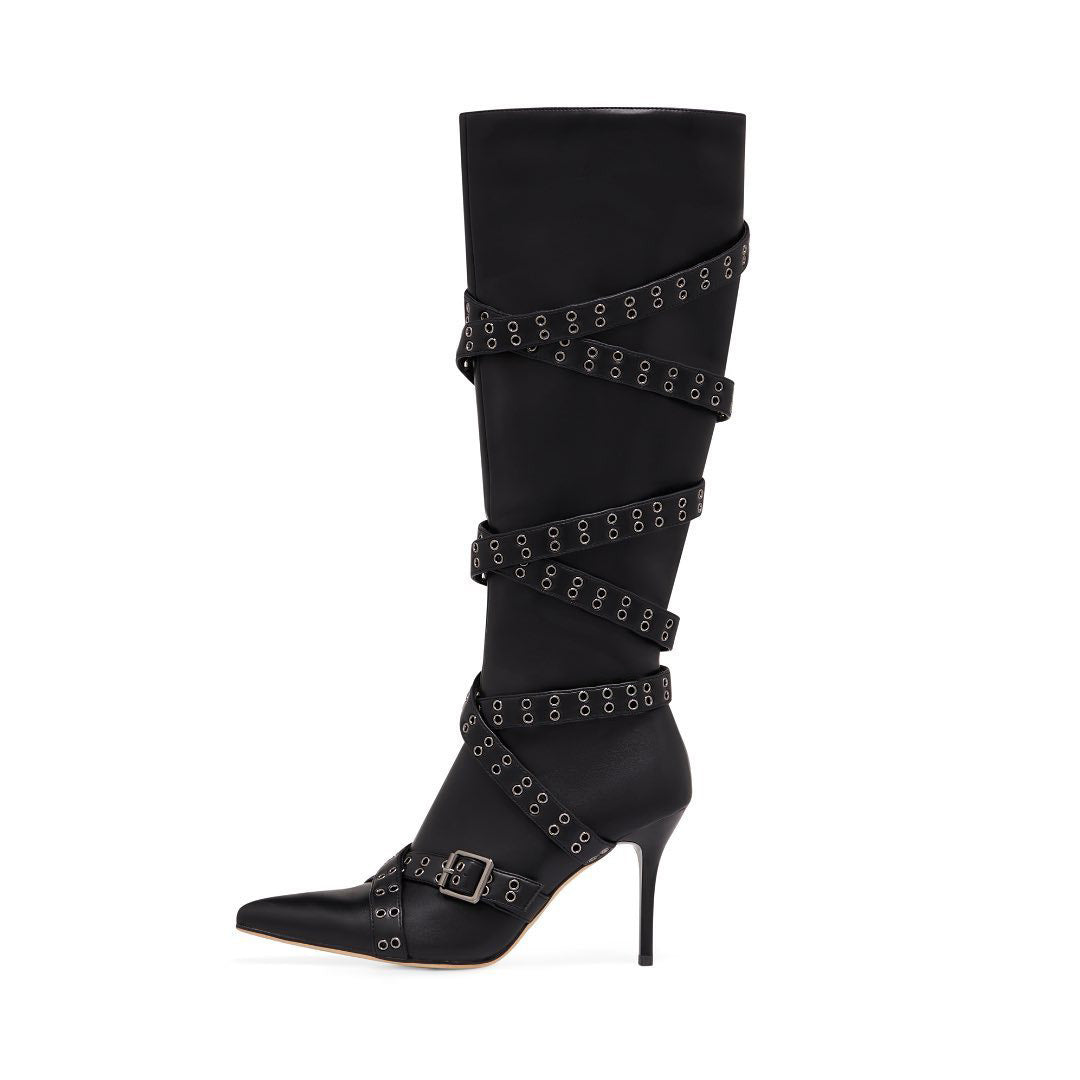 Strap-detail Pointed-toe Studded High-heeled Over-the-knee Boots For Women