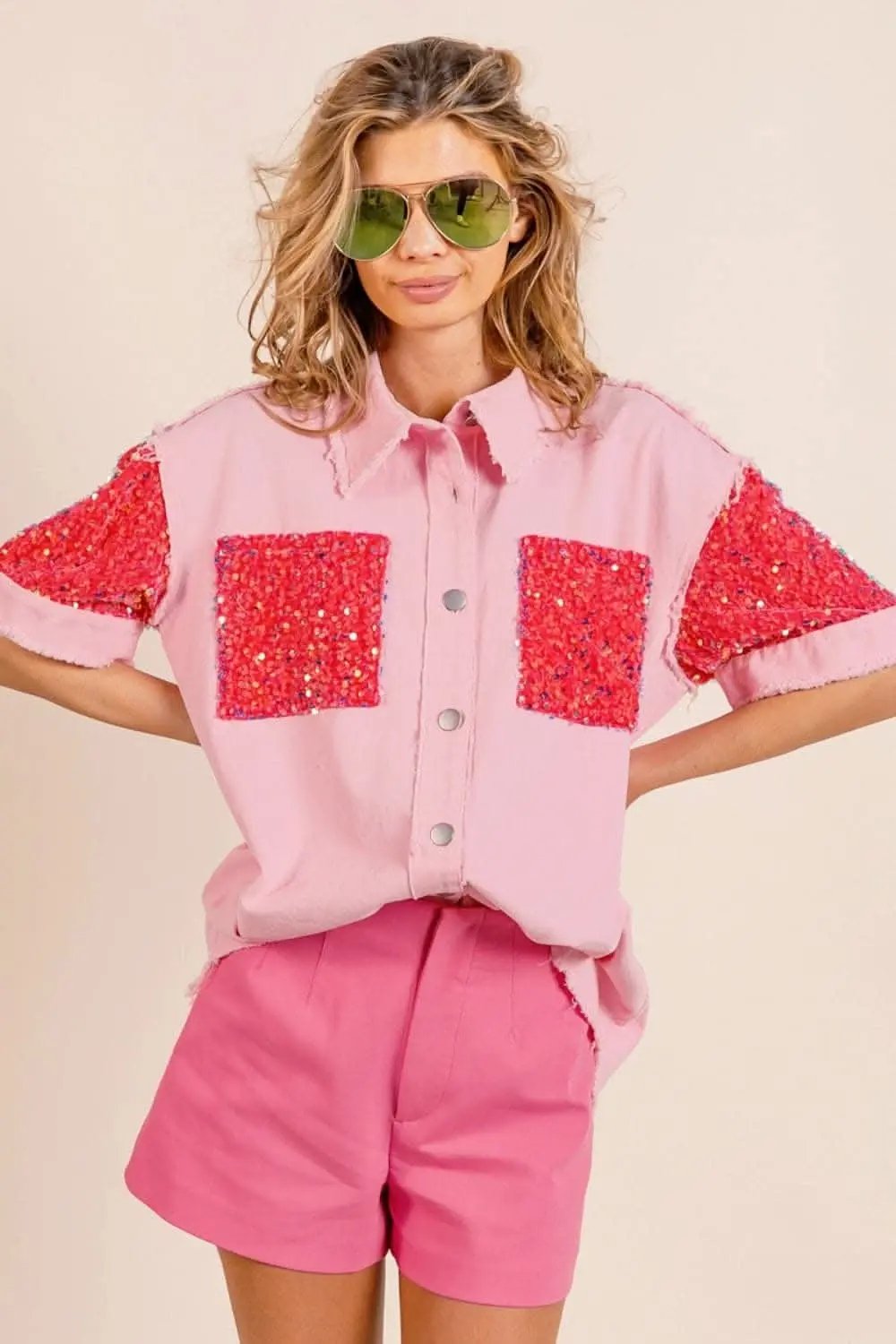Pants Trendsi Sequin Tee Women's Casual Top Short Sleeve Raw Hem Chic T-Shirt