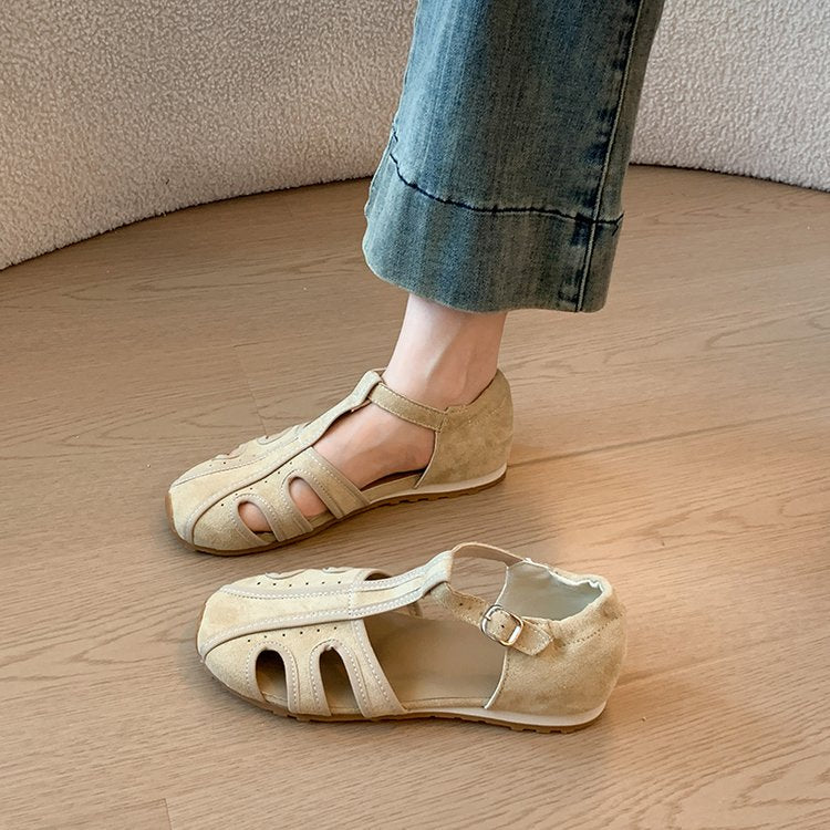 2026 New Chinese Retro Hollow-out Half Cover Toe Sandals For Women, Spring & Summer T-strap Flat Lightweight Roman Shoes