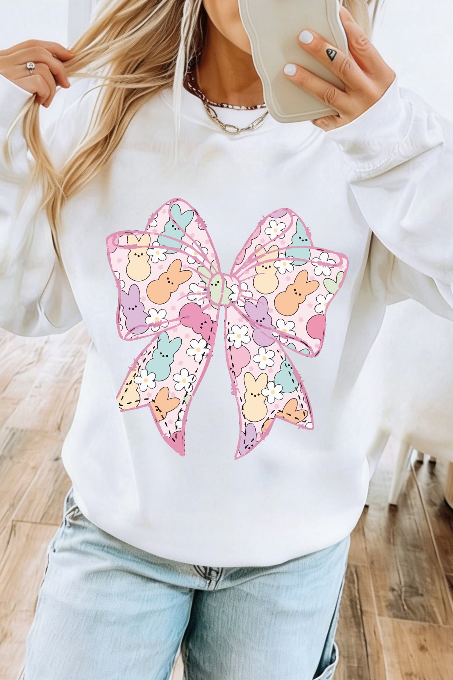 Sudadera casual blanca con estampado de lazo de conejito de Pascua