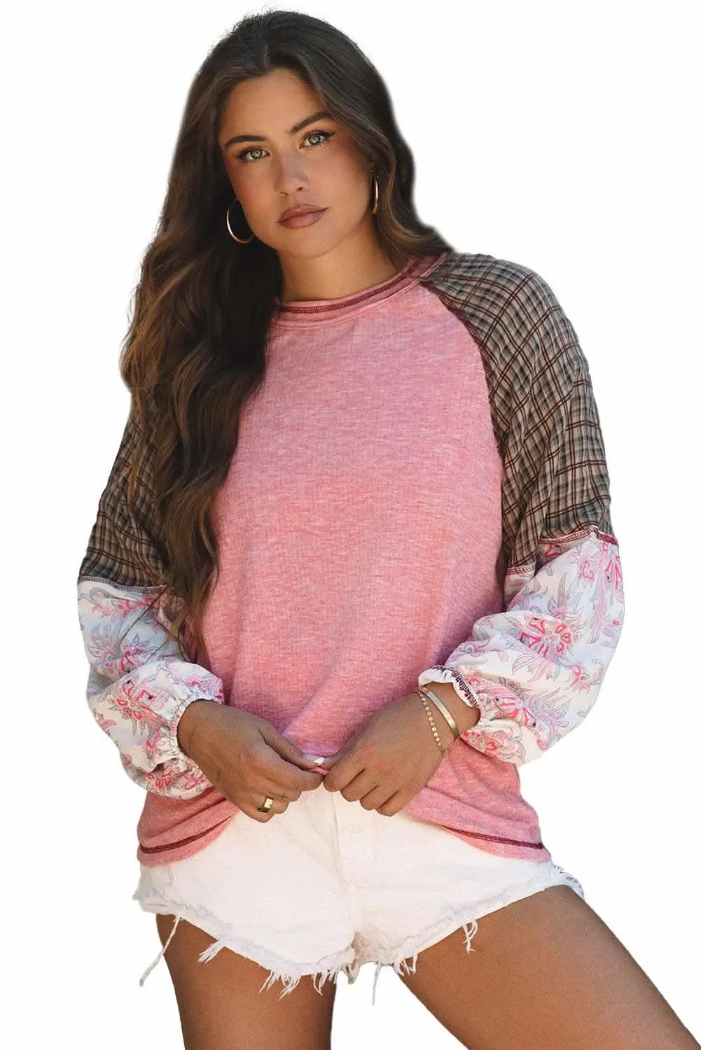 Sweaters Love Salve Fushia Patchwork Top Women's Casual Knit Top: Ribbed & Raglan